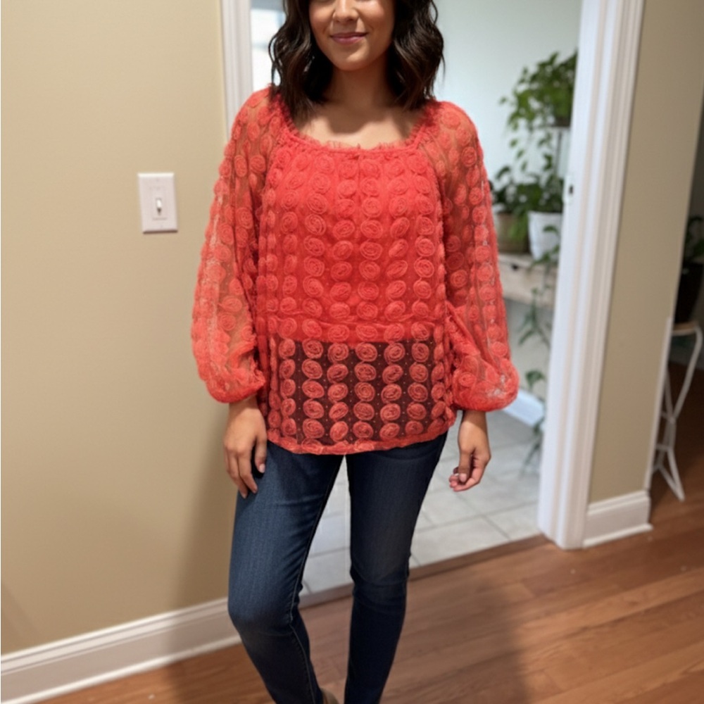 Coral Lace‎ Blouse Sheer Size Xl Rose Detail Lace Boho Romantic Orange